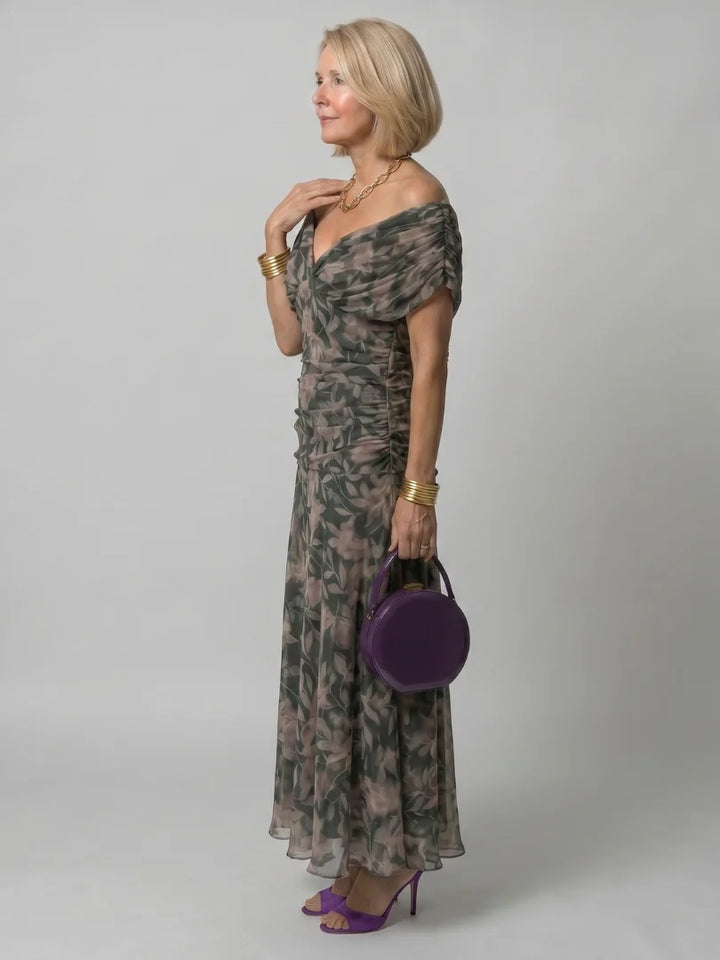 Robe Femme Maxi Chiffon – Imprimé Col V Manches Courtes