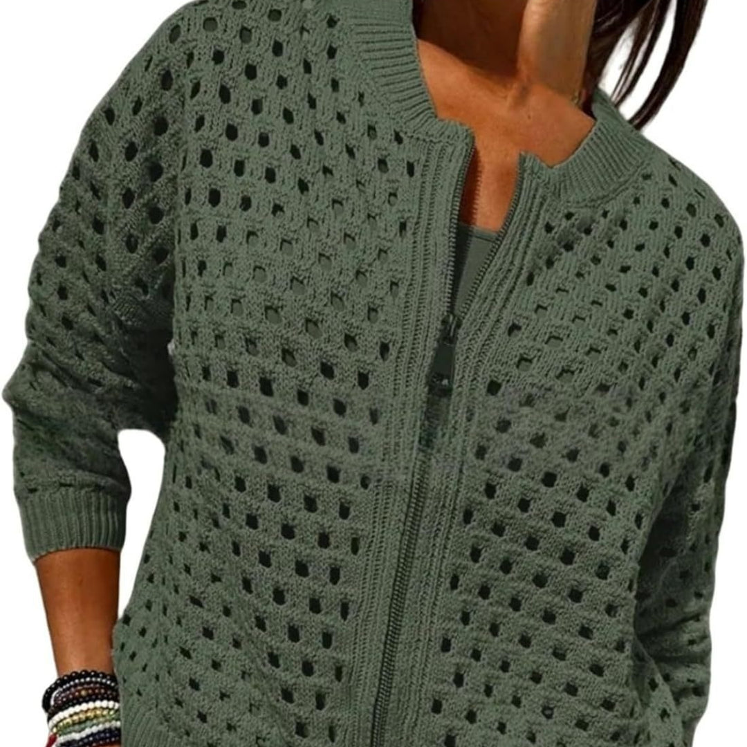 Cardigan Femme en Maille – Col Rond Zippé Léger Ajoure