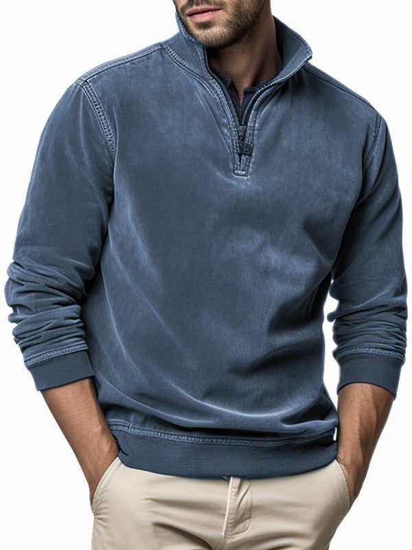 Sweatshirt til mænd med halv lynlås og høj krave - diskret påsyet lomme