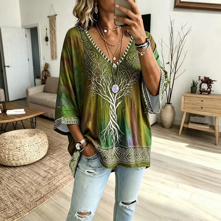 Blouse Femme Col V Ample – Manches Chauve-Souris Imprimé Dégradé
