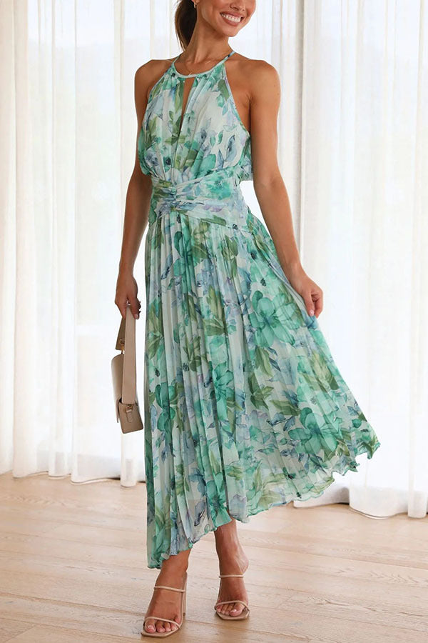 Robe Femme à Col Halter Imprimée – Sans Manches à Encolure V Évasée