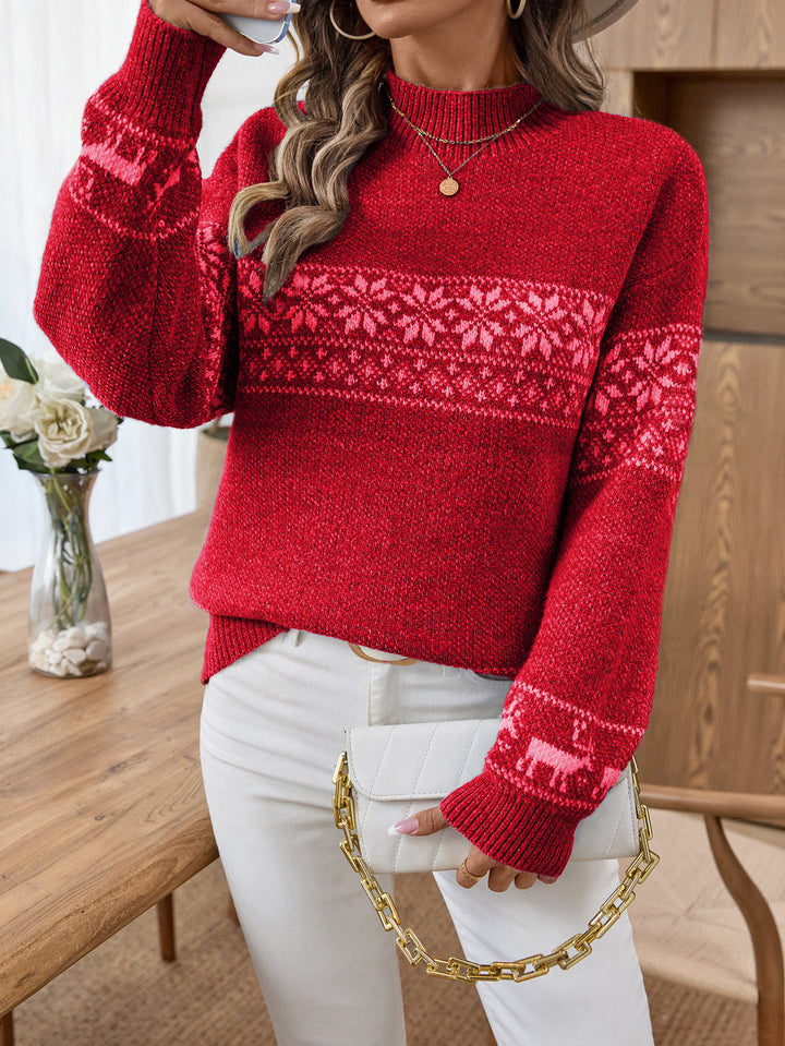 Pull Femme Col Cheminée – Motif Nordique Tricoté