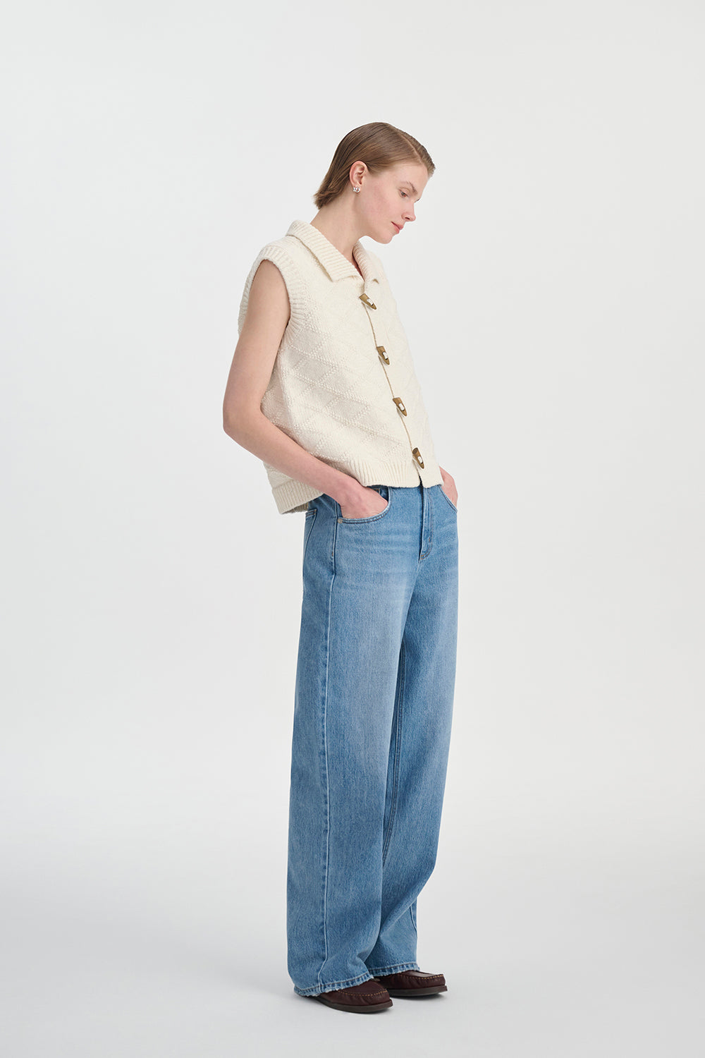 Gilet Femme en Coton Tissé – Motif Losange Vintage