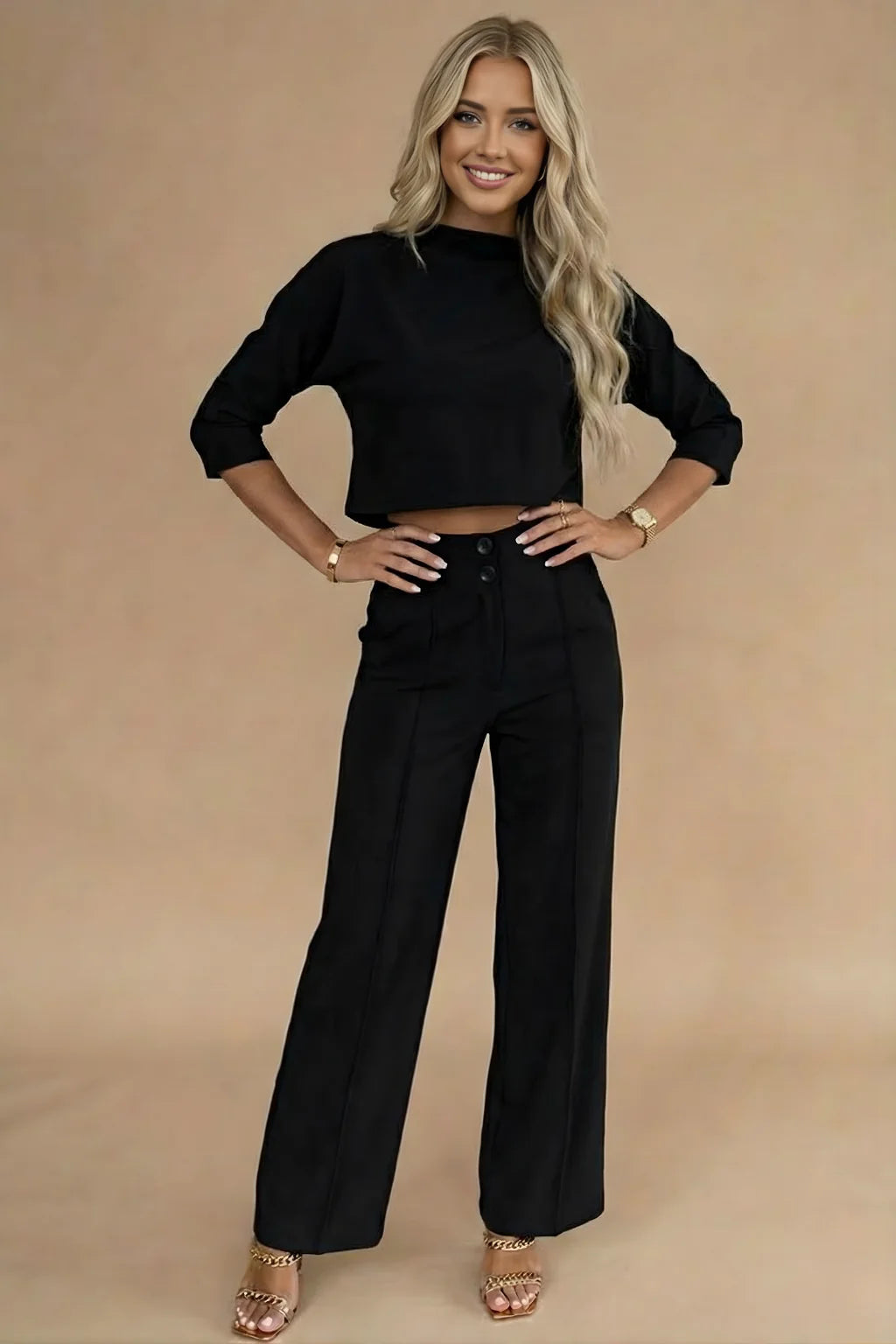 Conjunto de dos piezas para mujer – Top corto acampanado y pantalón ancho de talle alto