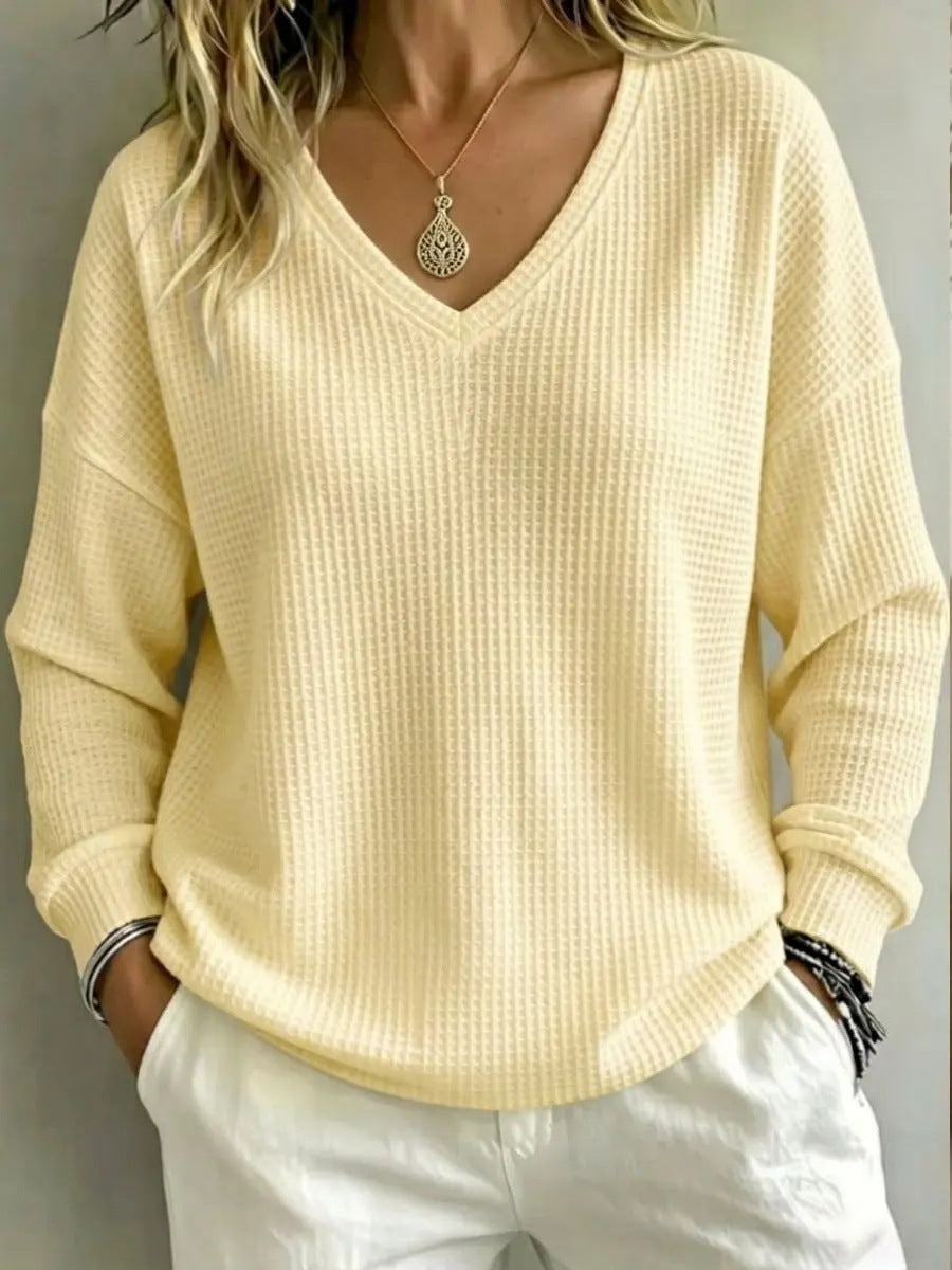 Top til dame med V-udskæring – Afslappet sweater med lange ærmer