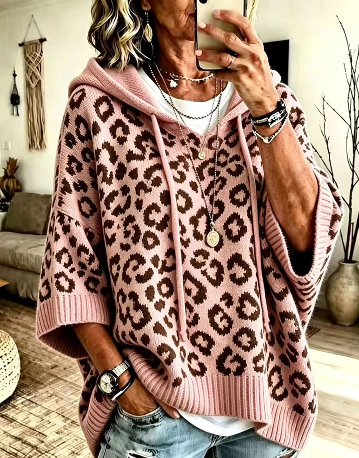 Damen-Kapuzenpullover mit Leopardenmuster – Lässige Strickwaren