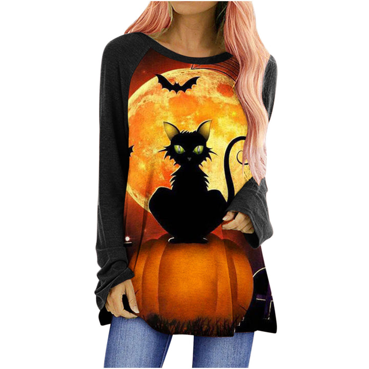 Langærmet halloweenbluse til kvinder – Afslappet rund hals med grafisk motiv