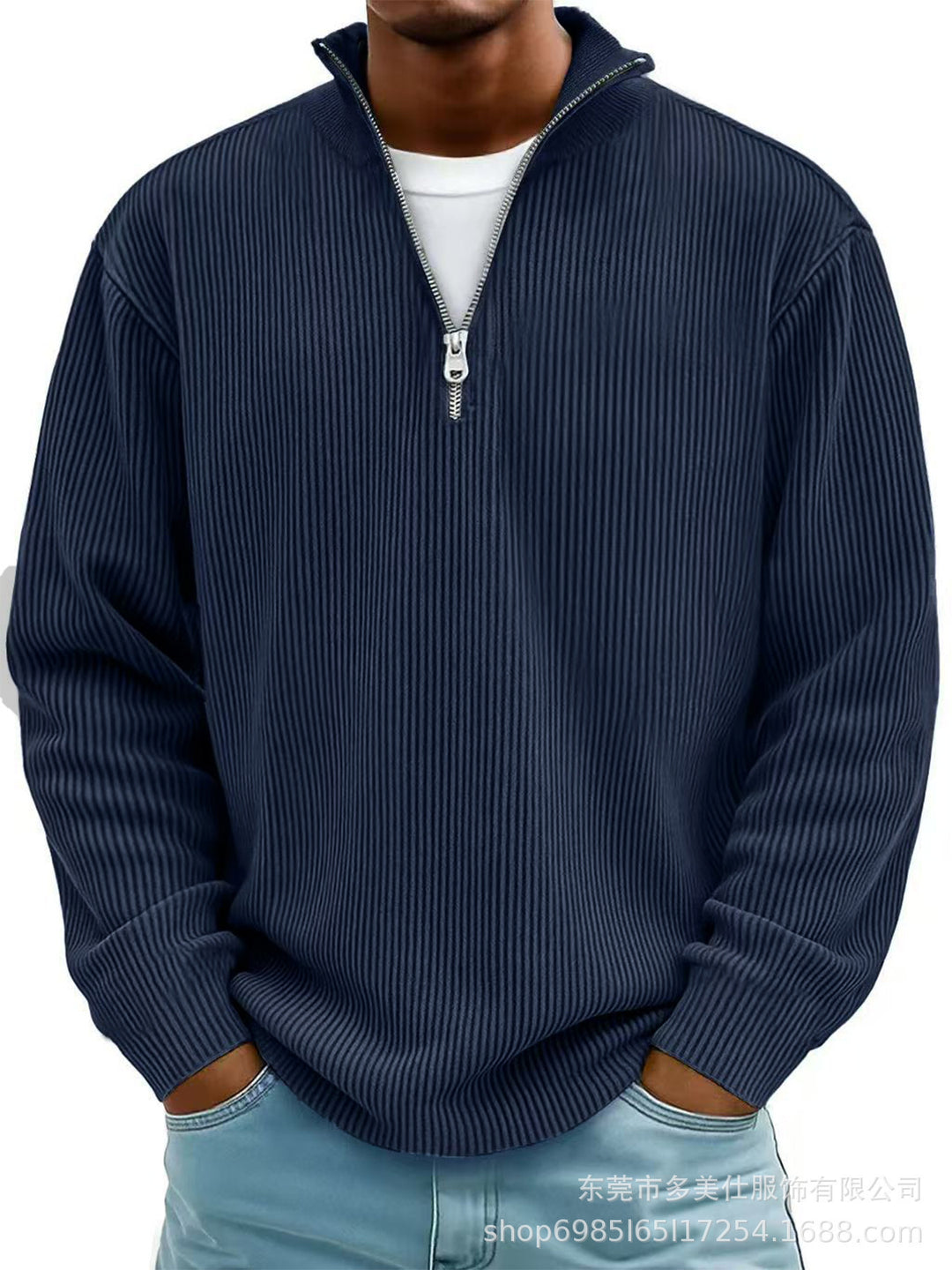Sweater til herrer med lynlås og høj krave – moderne ribeffekt