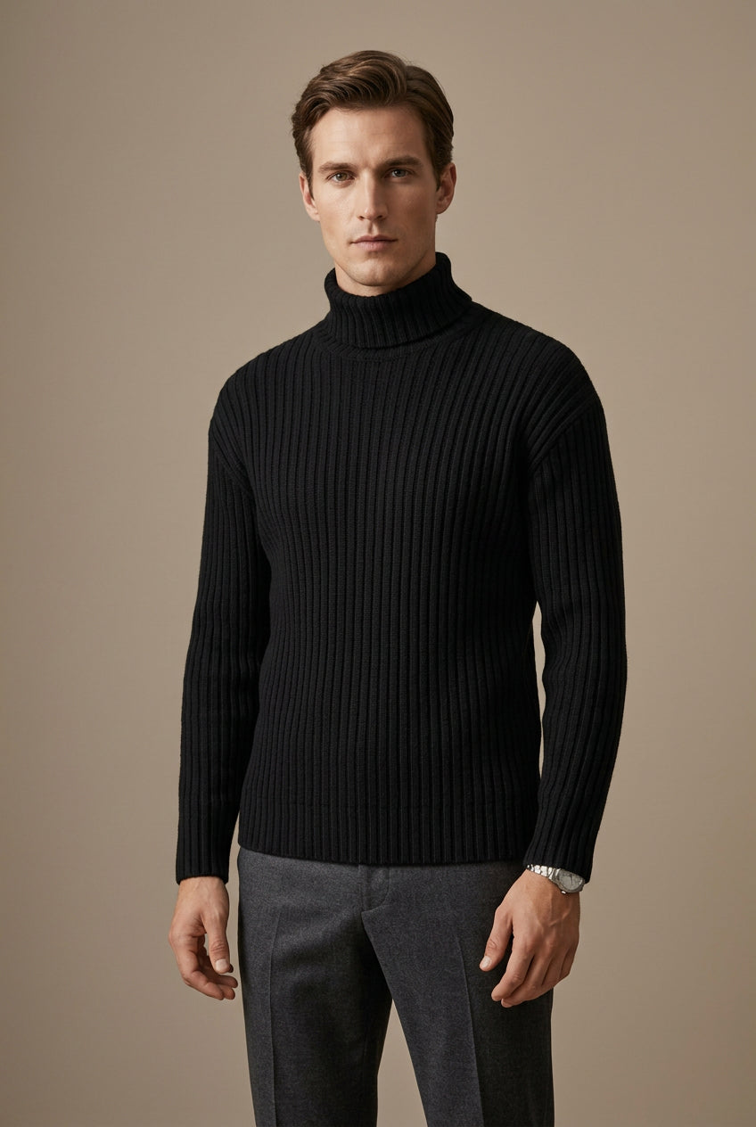 Herresweater med rullekrave i strik – slim fit med ribstrik