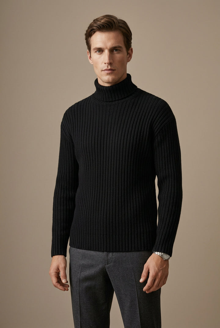 Herresweater med rullekrave i strik – slim fit med ribstrik