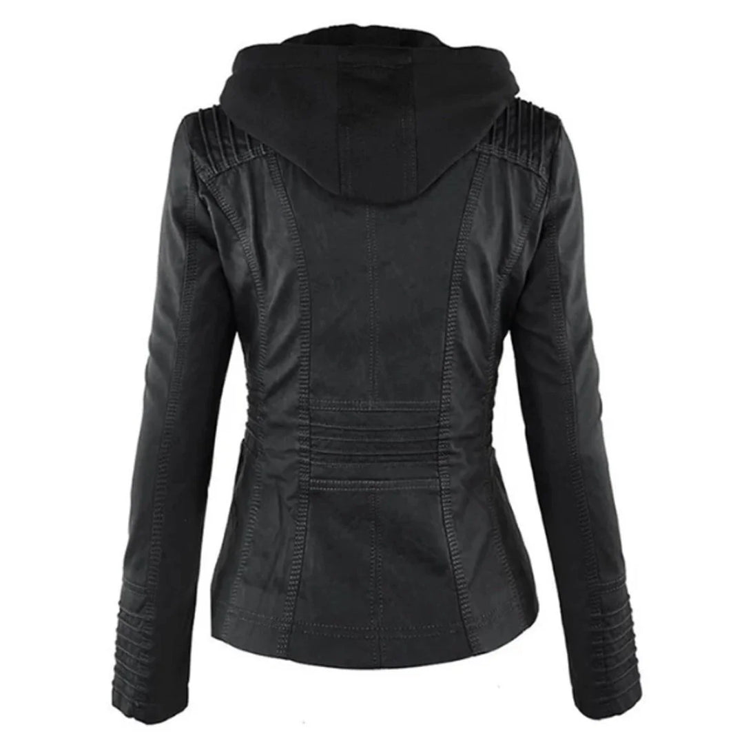 Vegane Motorradjacke für Damen – taillierter Schnitt mit abnehmbarer Kapuze