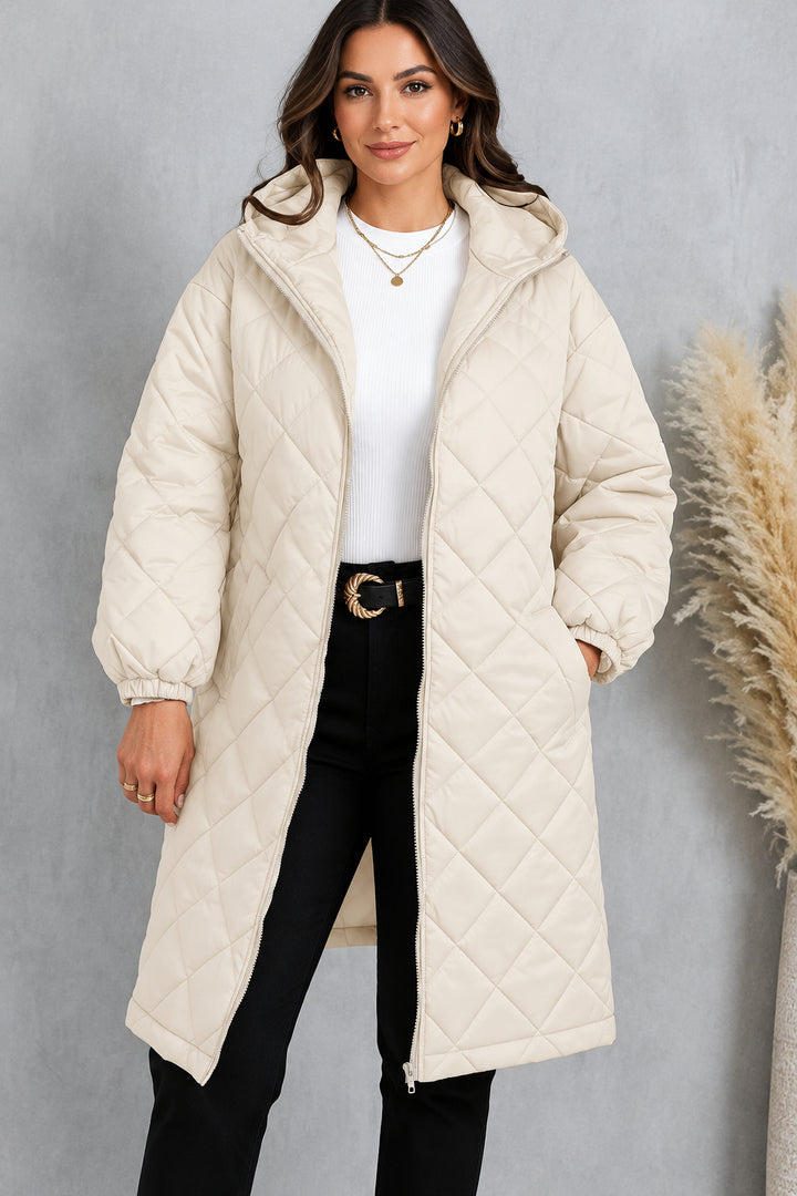 Manteau Long Matelassé à Capuche Femme – Coupe Décontractée Zippée
