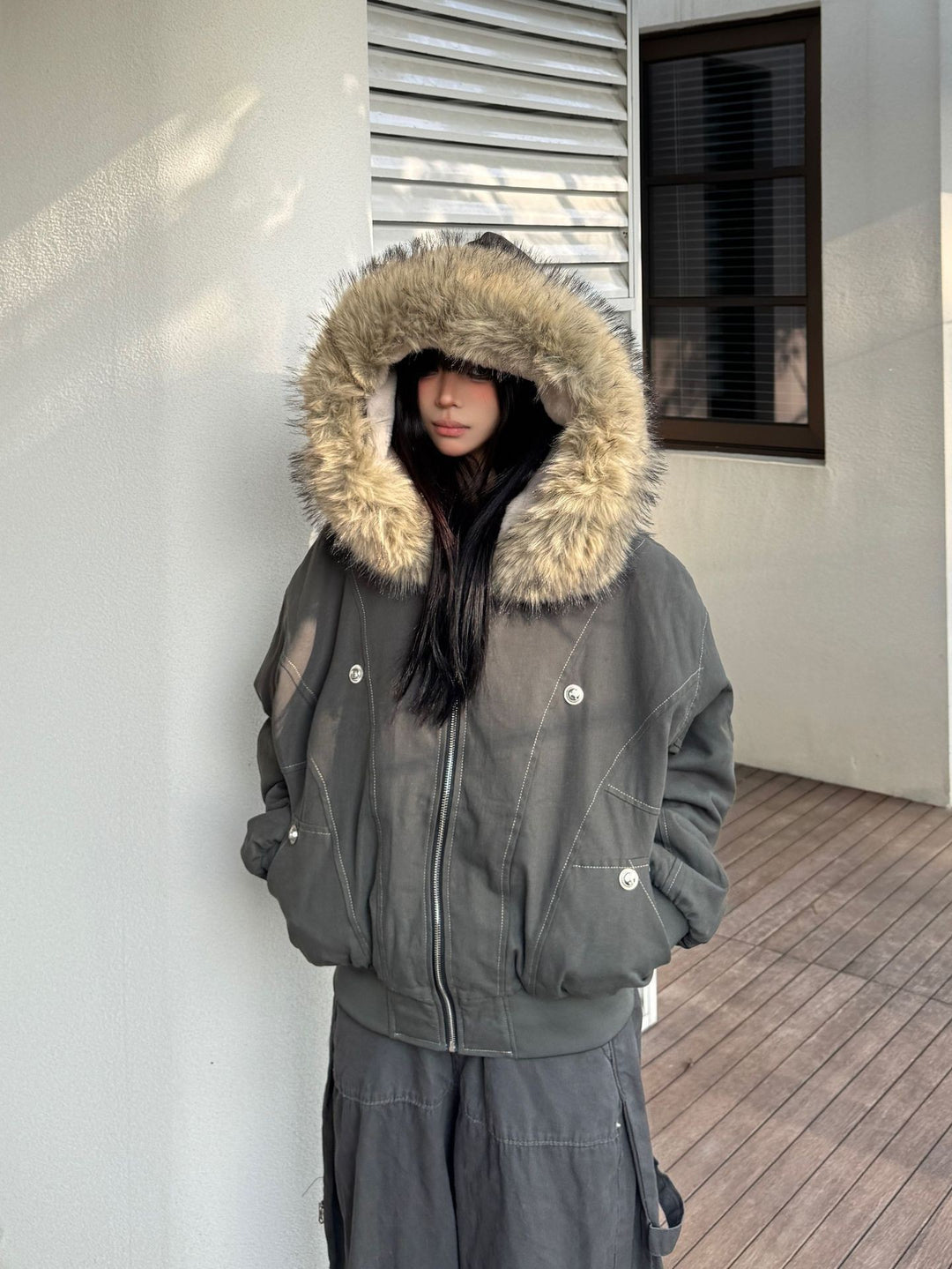 Veste Vintage Unisexe à Col Fourrure – Coupe Régulière Élégante