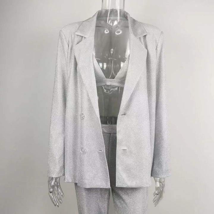 Damespak uit 3 delen - blazer met glanzende afwerking, bralette, rechte broek