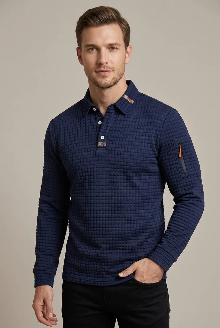 Polo Homme à Manches Longues – Maille Texturée Damier Moderne