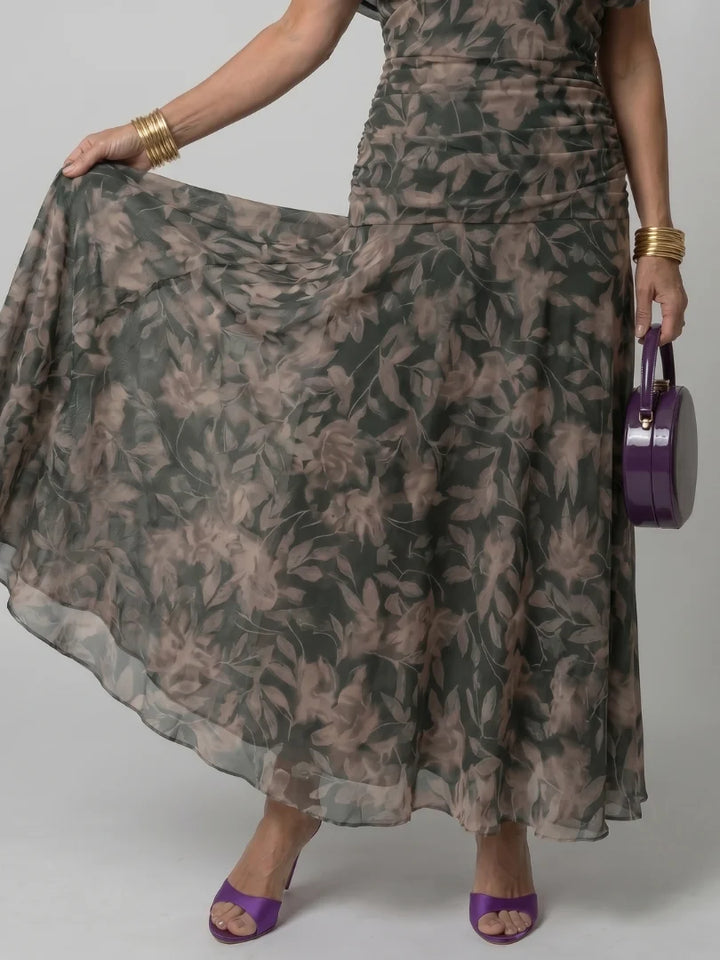 Robe Femme Maxi Chiffon – Imprimé Col V Manches Courtes