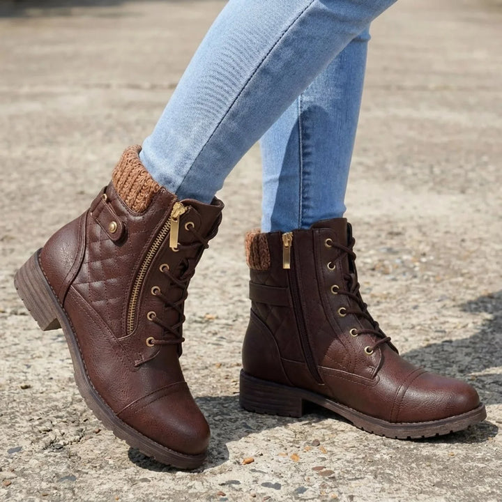 Gesteppte Damenstiefeletten – Schnürsenkel und praktischer seitlicher Reißverschluss