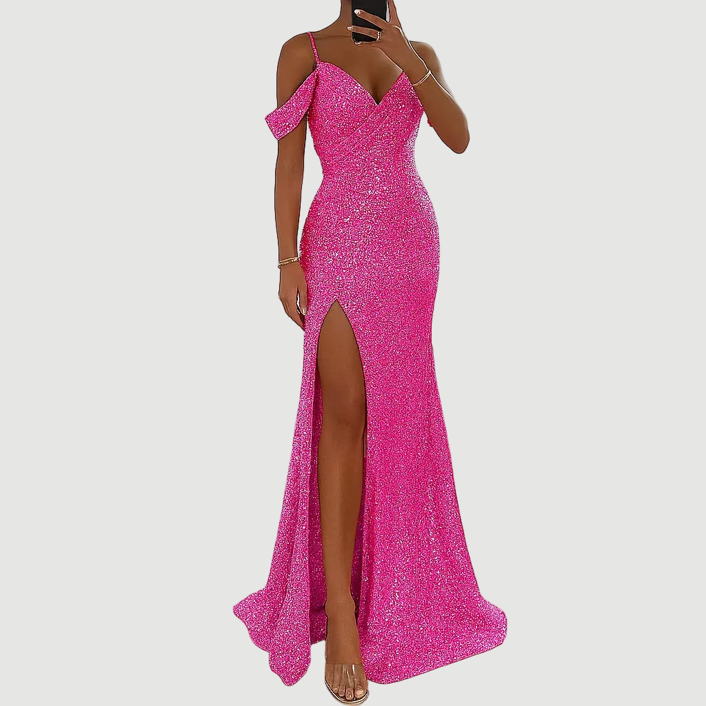 Robe Longue Femme à Sequins – Coupe Épaules Dénudées