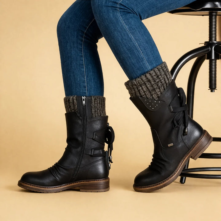 Damenstiefel mit weichem Schaft – niedriger Absatz, runde Zehenkappe, Martens-Stil