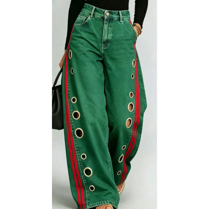 Pantalon Femme Taille Haute Jambe Large – Imprimé Graphique et Anneau