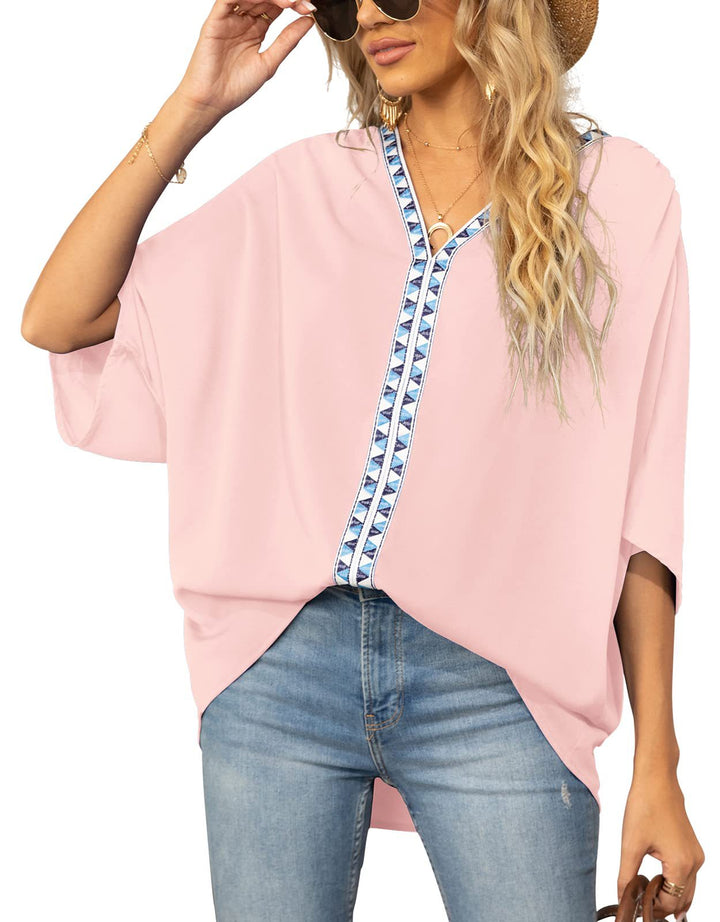 Camicia da donna con maniche a pipistrello effetto chiffon – scollo a V fluido