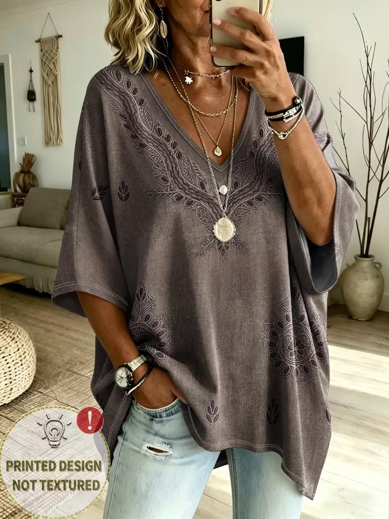 Blouse Femme Col V Ample – Manches Chauve-Souris Imprimé Dégradé
