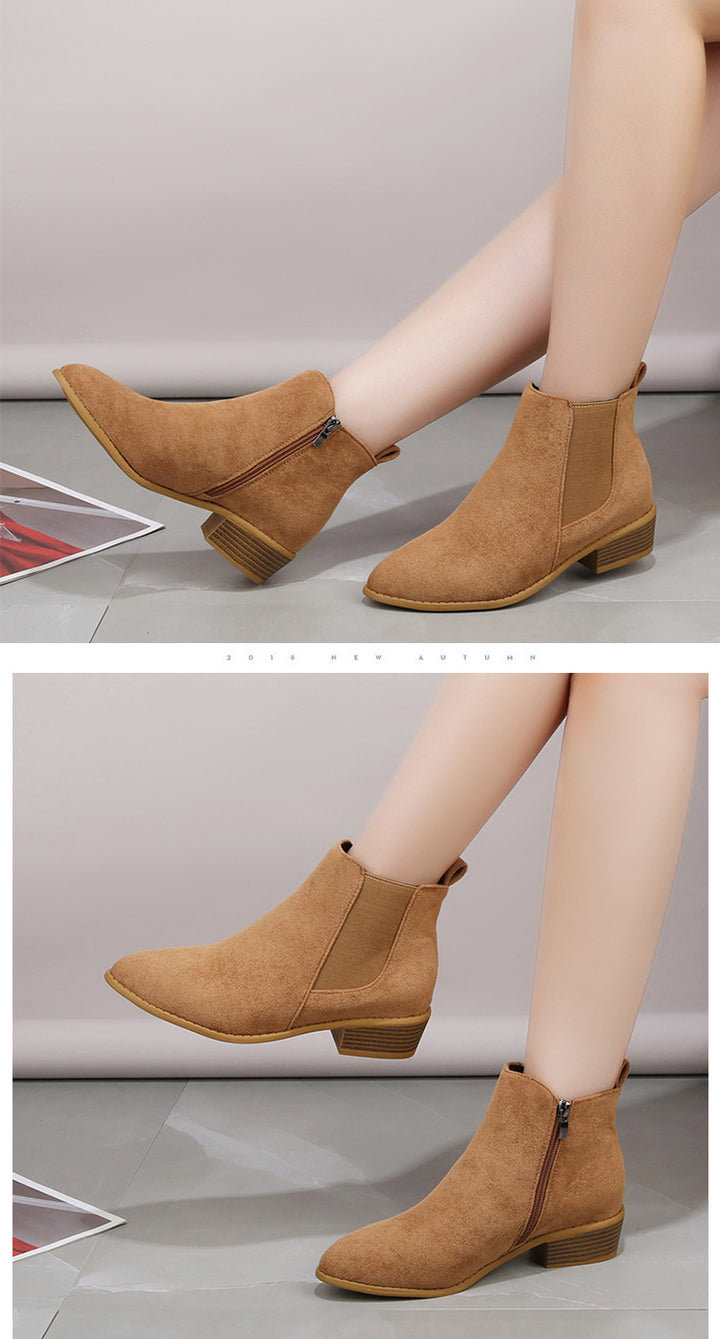 Damen-Stiefeletten aus Veloursleder – Spitze Kappe &amp; Blockabsatz