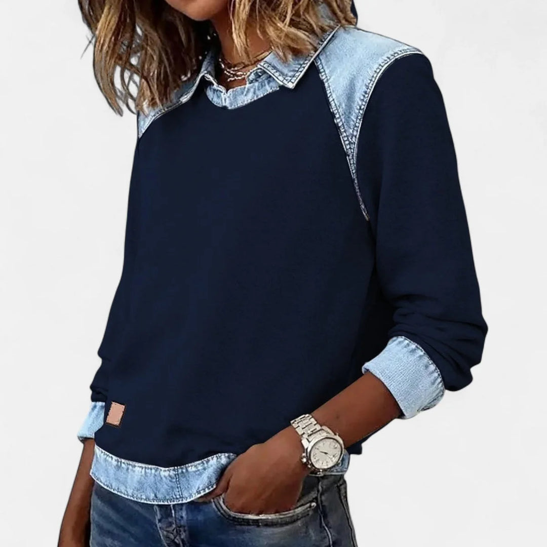 Damenpullover aus Strick – Hemdkragen aus kontrastierendem Denim