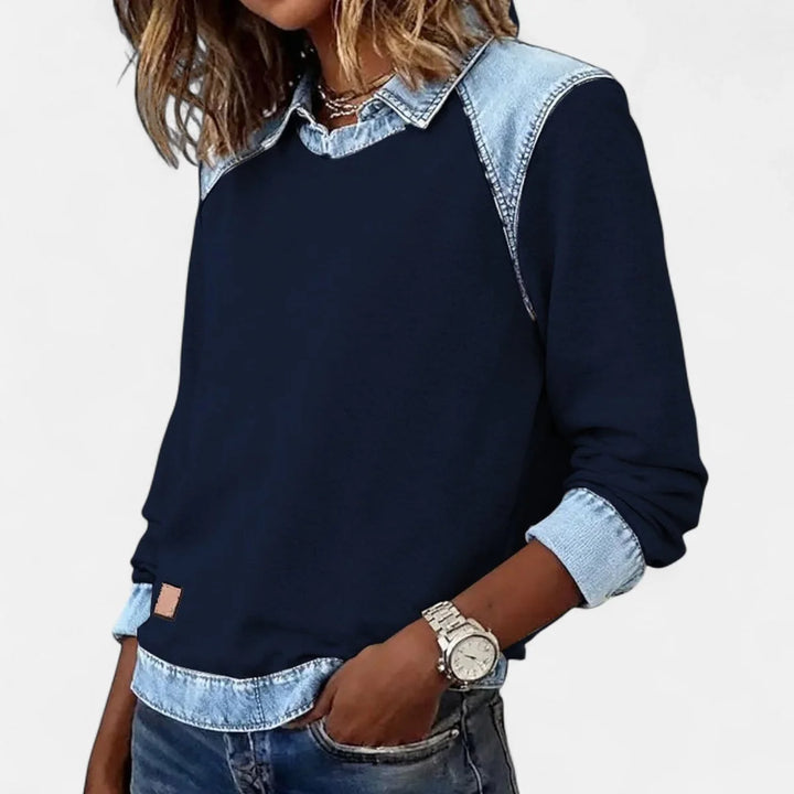 Damenpullover aus Strick – Hemdkragen aus kontrastierendem Denim