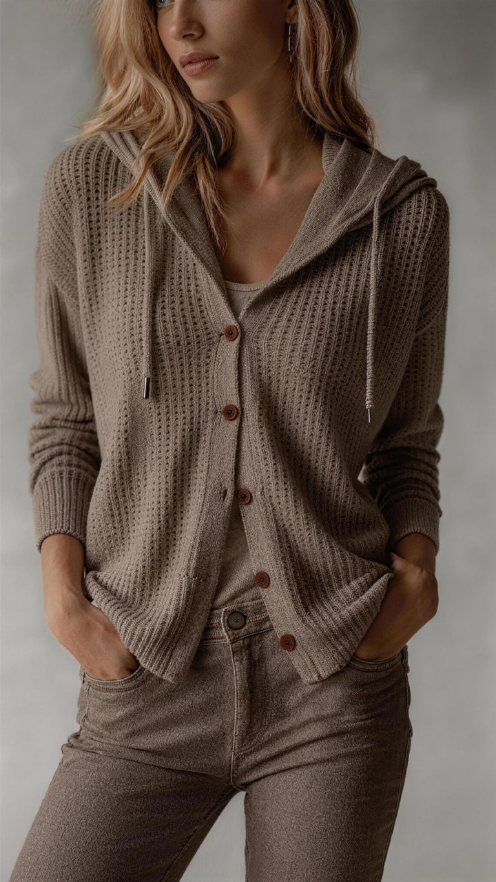Damen-Weste mit Kapuze aus Strickwaren – Lässiger Schnitt, Knopfleiste