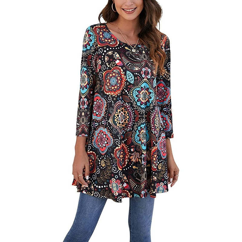 T-shirt donna a fiori – maniche tre quarti fluide, taglio ampio