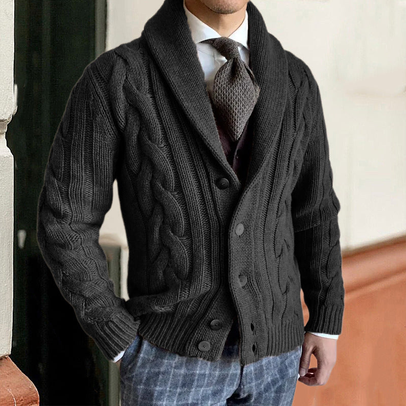 Herren-Cardigan aus Strickwaren – Geknöpfter Schalkragen mit Zopfmuster