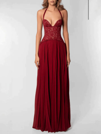 Robe Femme à Dos Nu – Plissée, Décolleté Plongeant, Liens Nuque