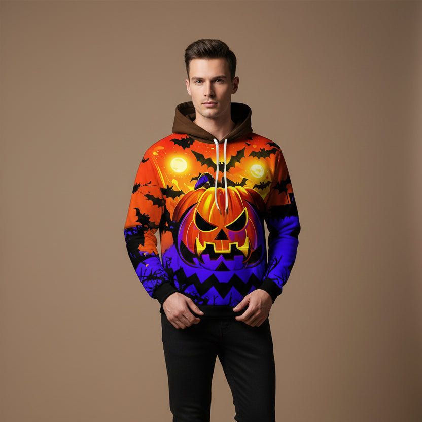 Sweat à Capuche Homme Halloween 3D – Coupe Ample Motif Citrouille