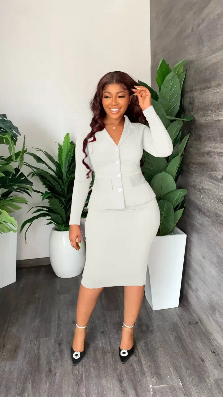 Tailleur Deux Pièces Femme – Veste Col Chemise &amp; Jupe Mi-Longue