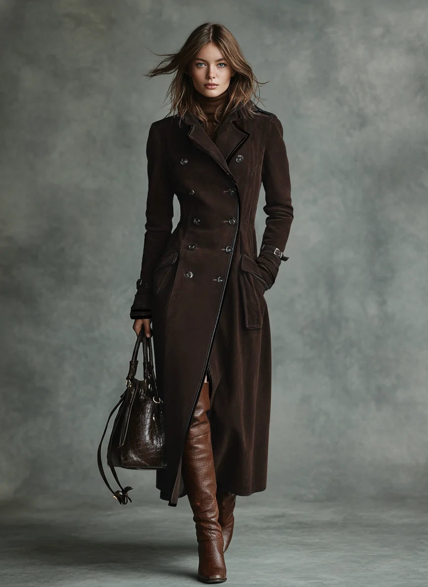 Langer Damenmantel aus Velourslederimitat – Moderne Silhouette mit Revers