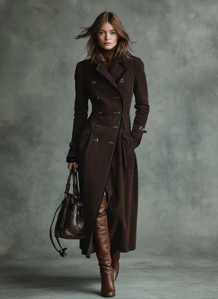 Langer Damenmantel aus Velourslederimitat – Moderne Silhouette mit Revers