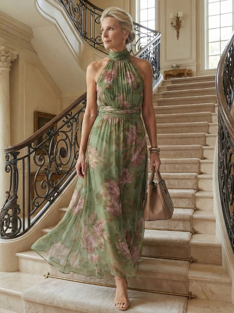 Langes Damenkleid – Neckholder-Ausschnitt, taillierte Passform, ausgestellter Saum