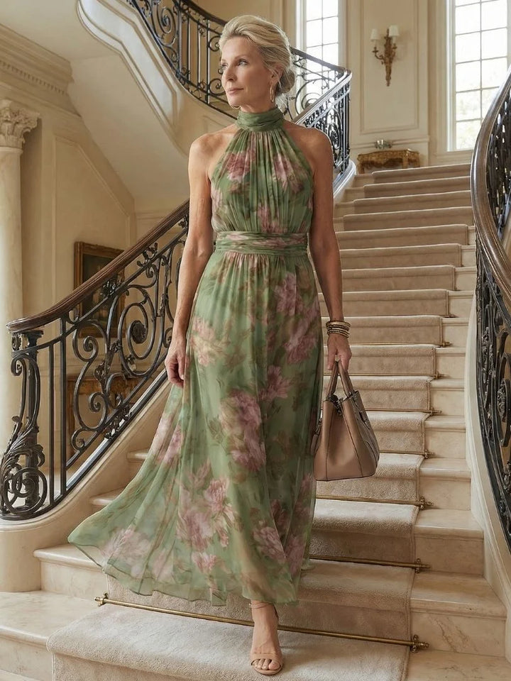 Langes Damenkleid – Neckholder-Ausschnitt, taillierte Passform, ausgestellter Saum