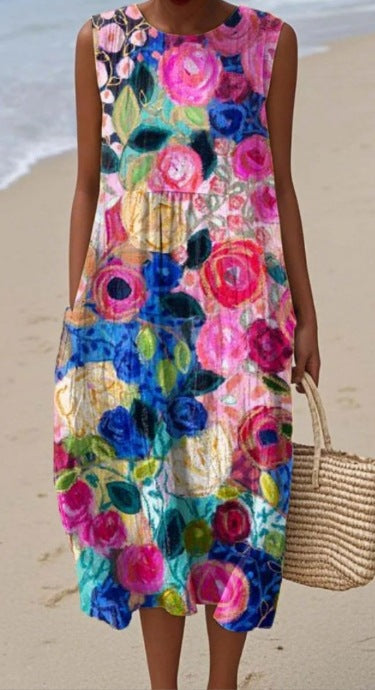 Abito da donna midi senza maniche – taglio casual con stampa elegante