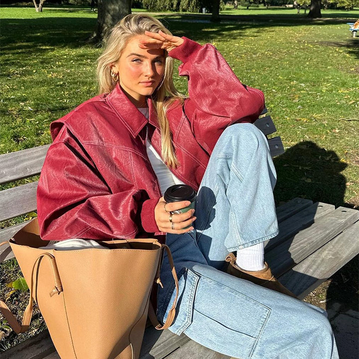 Veste Femme Motard Moto – Coupe Loose à Col Revers Zippé