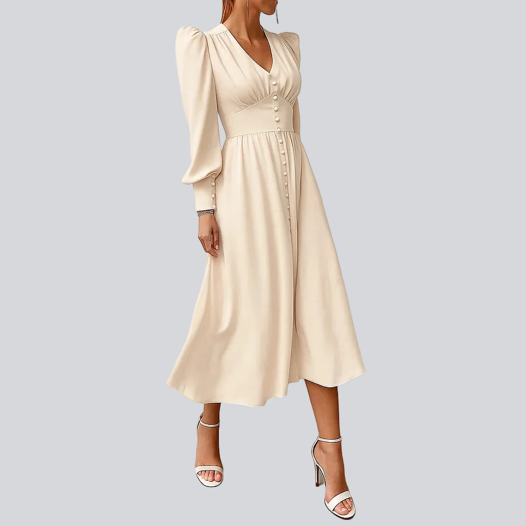 Satin-Midikleid für Damen – Laternenärmel, taillierter Schnitt