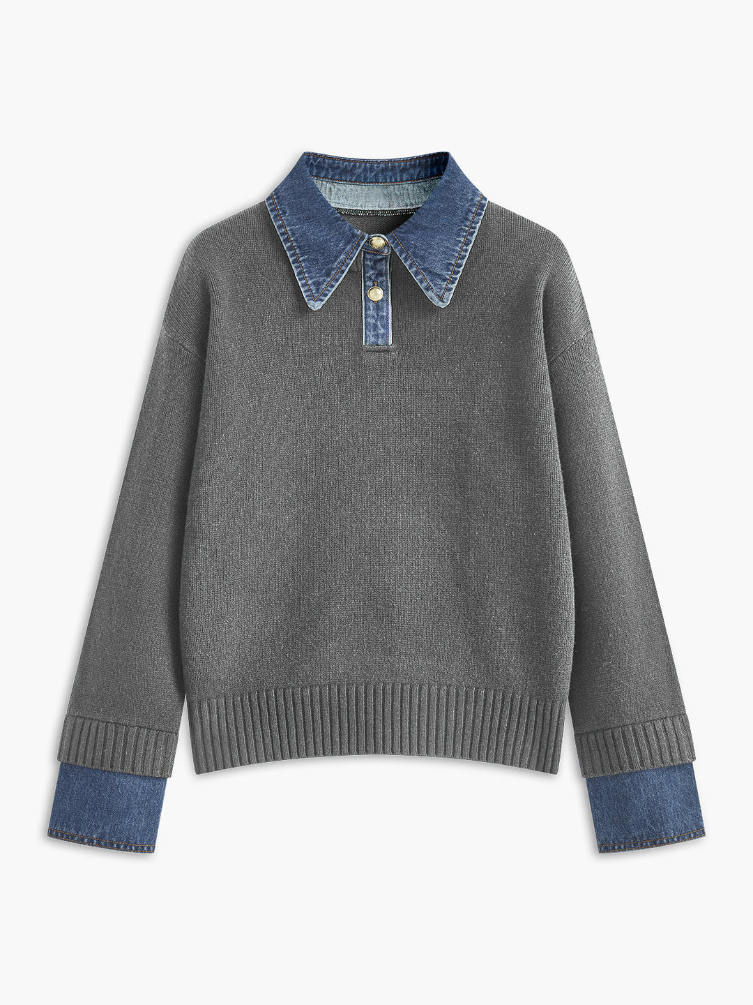 Damenpullover aus Strick mit Lagenlook – Hemdkragen aus Denim