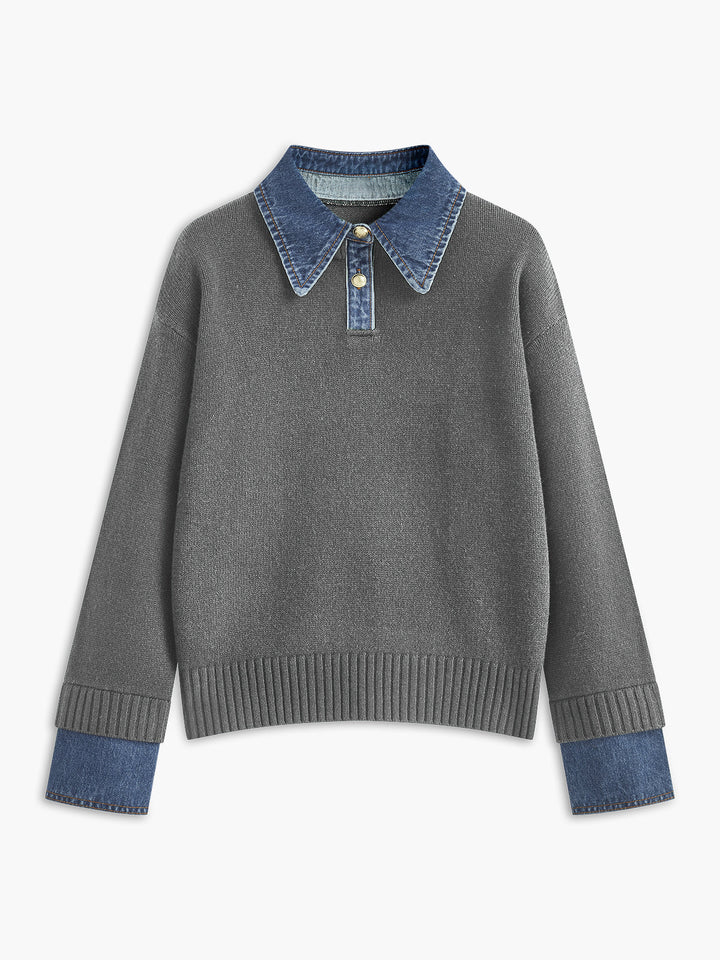 Damenpullover aus Strick mit Lagenlook – Hemdkragen aus Denim