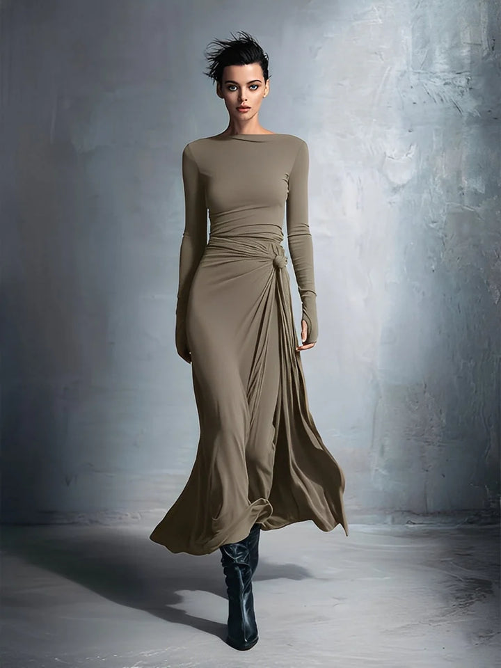 Elegantes Maxi-Wickelkleid für Damen mit Schleifenmuster und langen Ärmeln