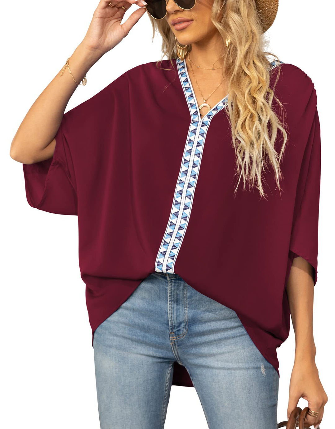Camicia da donna con maniche a pipistrello effetto chiffon – scollo a V fluido