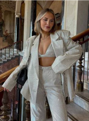 Damespak uit 3 delen - blazer met glanzende afwerking, bralette, rechte broek