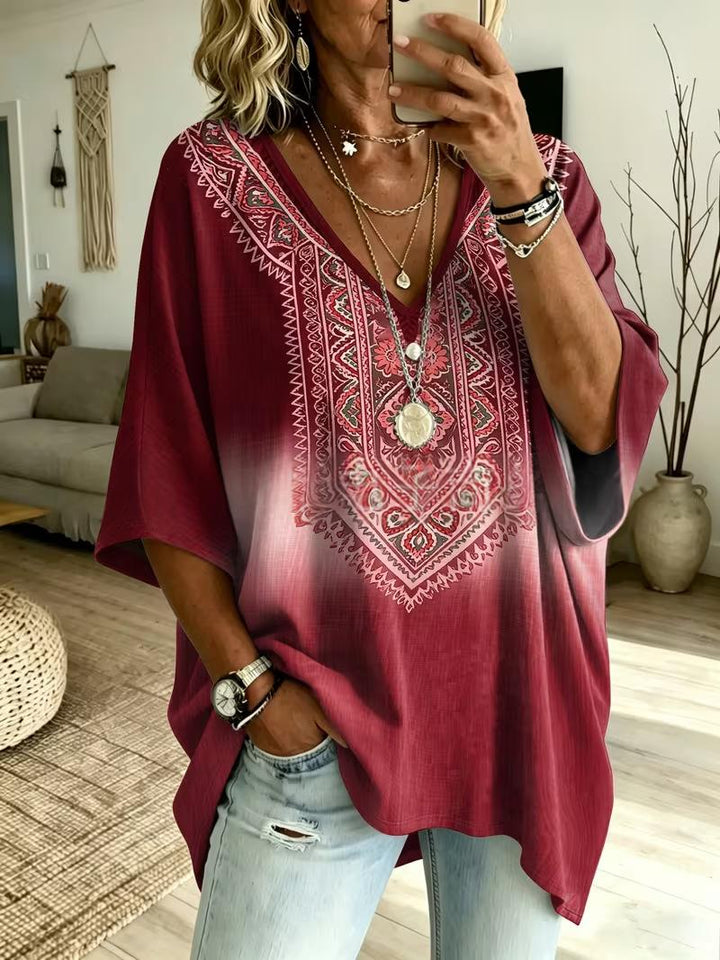 Blouse Femme Col V Ample – Manches Chauve-Souris Imprimé Dégradé