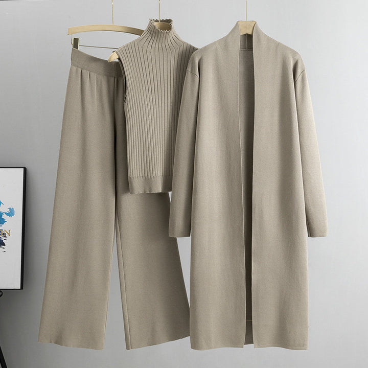 Dreiteiliges Damen-Strickset – ärmellose Weste, langer Cardigan und weite Hose