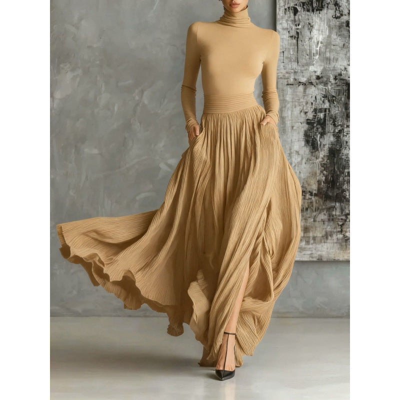 Robe Femme Maxi Rétro – Coupe Cintrée, Plis &amp; Fronces Raffinés